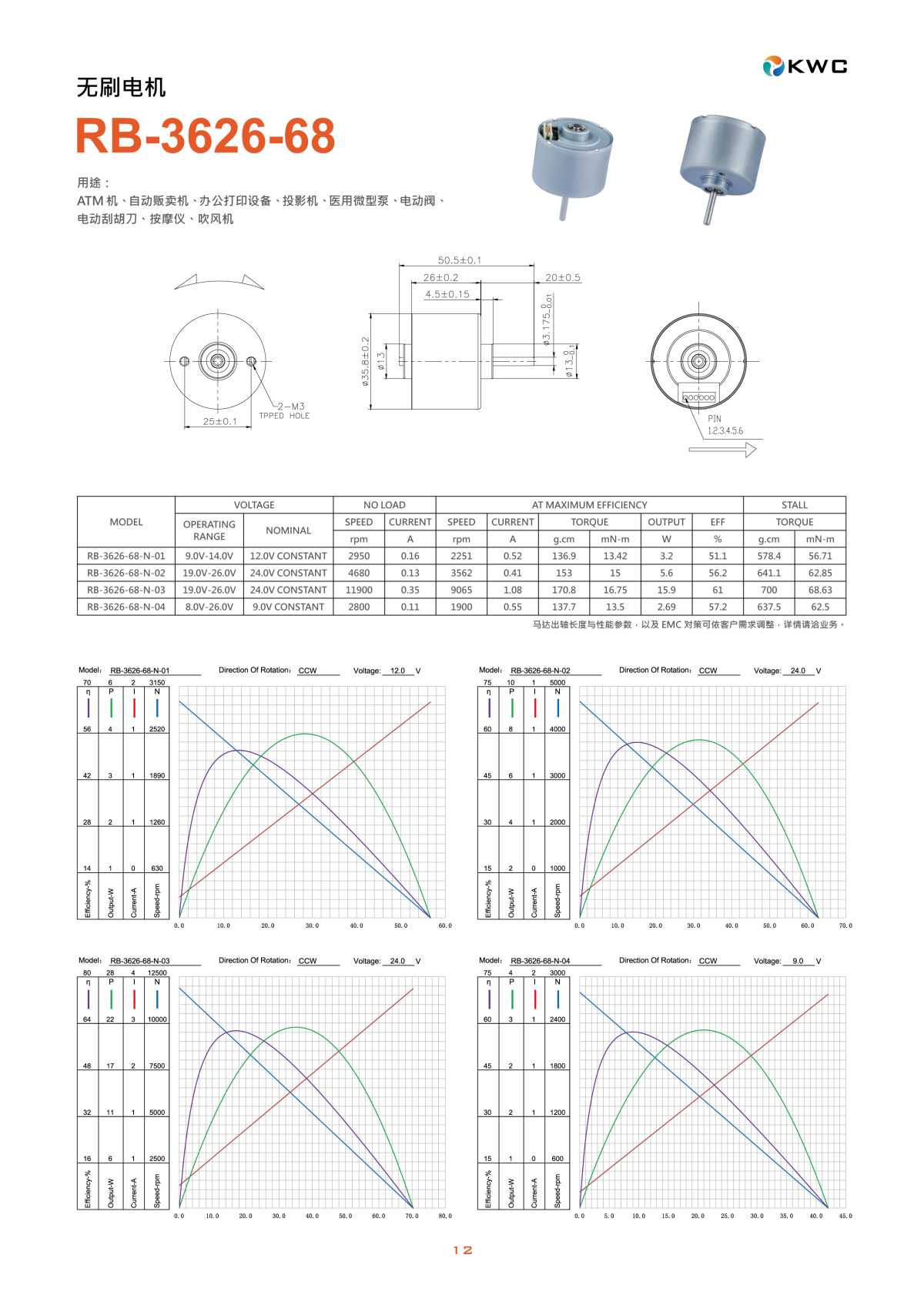 RB-3626-68 无刷电机工程尺寸图与规格参数表 (Datasheet) - 直径35.8mm 机身长26mm - 170g.cm 大扭矩 - 东莞鑫惠展机电