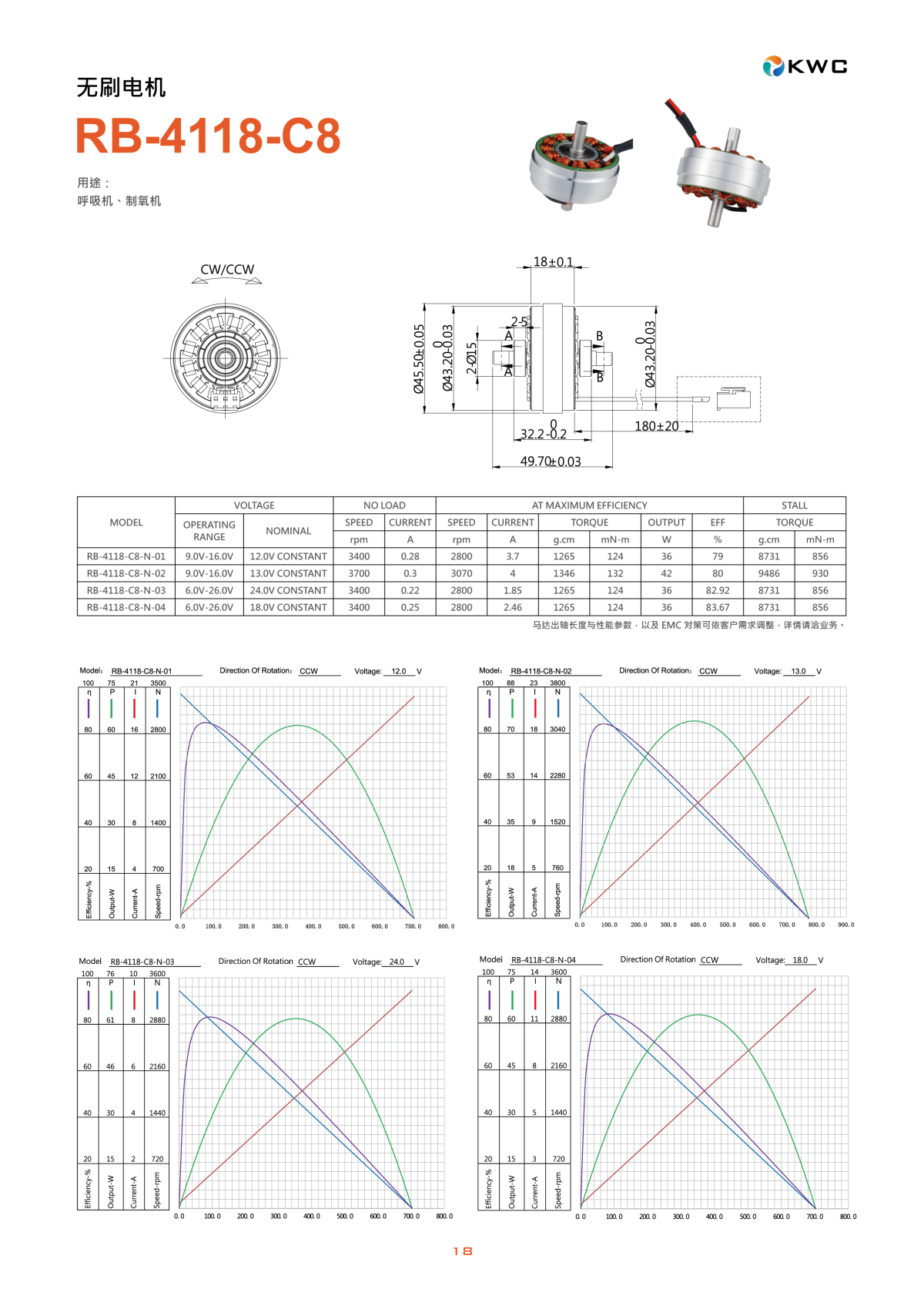 RB-4118-C8 无刷电机工程尺寸图与规格参数表 (Datasheet) - 直径45.5mm 厚度18mm - 呼吸机专用 - 东莞鑫惠展机电