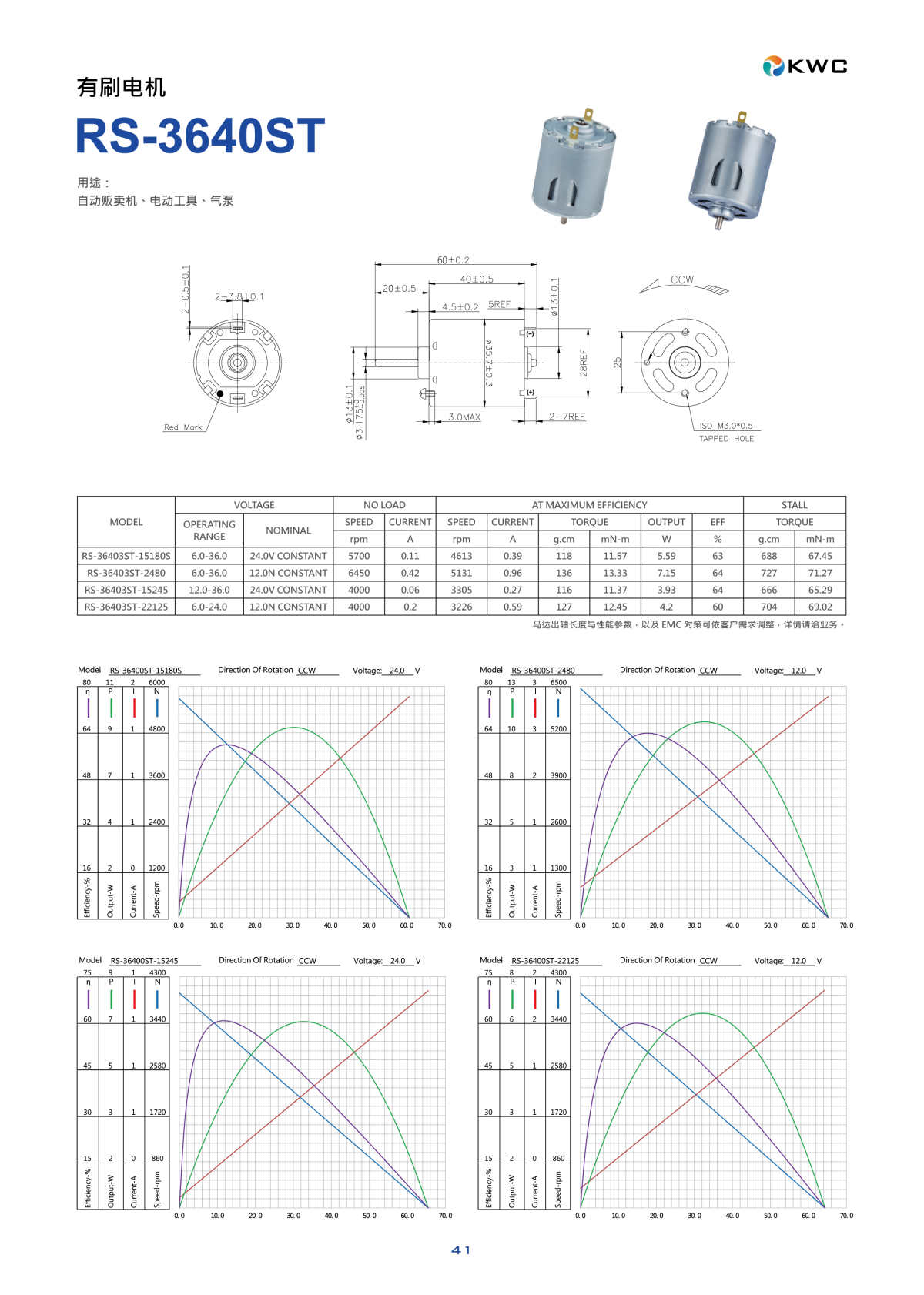 下载 KWC RS-3640ST (3640) 有刷电机技术规格书与性能曲线图 PDF