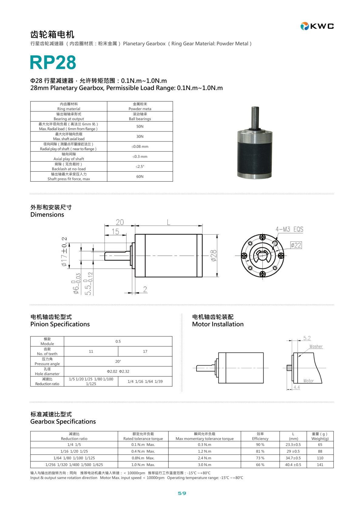 下载 KWC RP28 28mm 滚珠轴承减速机技术规格书与尺寸图 PDF